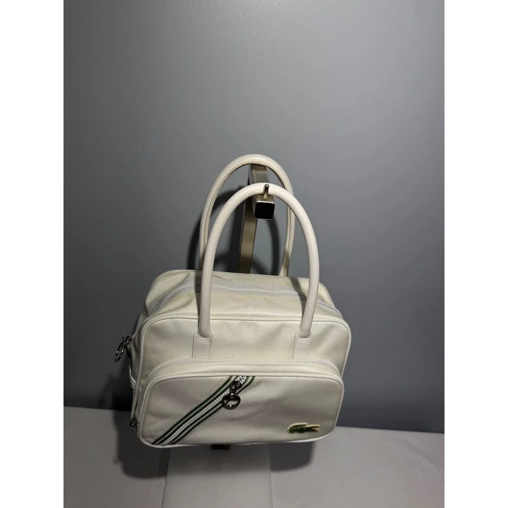 Lacoste White Canvas Vintage Bowling Bag Striped Sporty Satchel Top Handle Purse